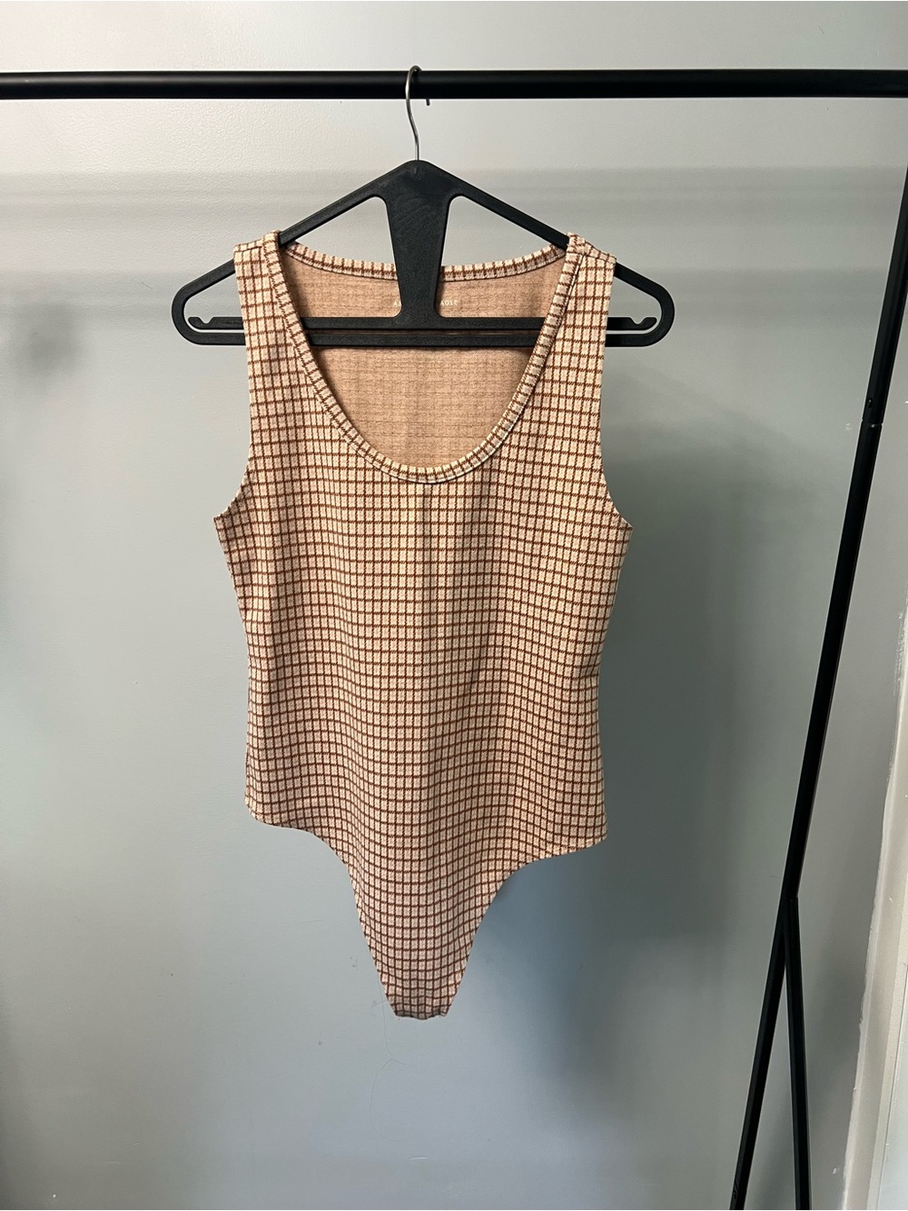 American Eagle Outfitters Beige Checked Scoop Neck Tank Bodysuit